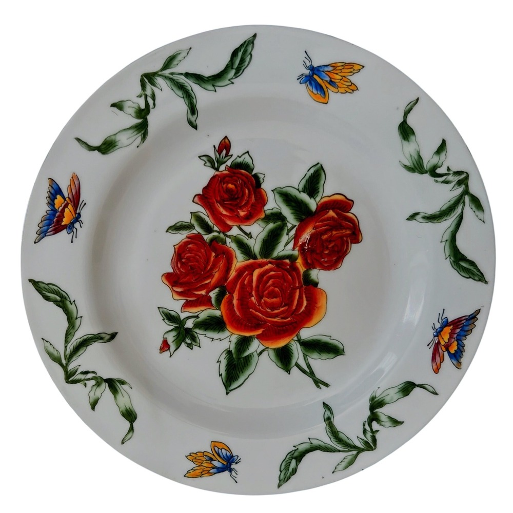 Vintage Decorative Floral Plates Set of 2 Roses and Lilies Butterflies 8 Inch